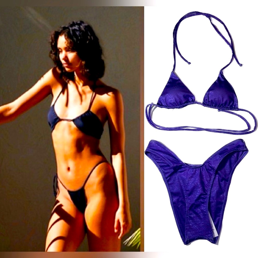 Monica Hansen Purple Lurex Bikini Set Triangle Top Brazilian Bottom NWT S